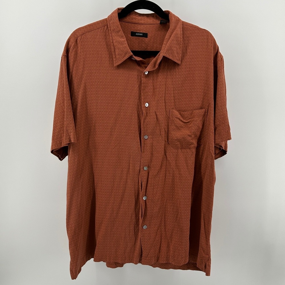 Alfani 100% Silk Short Sleeve Button Down Rust Orange Men XXL Resortwear Cabana